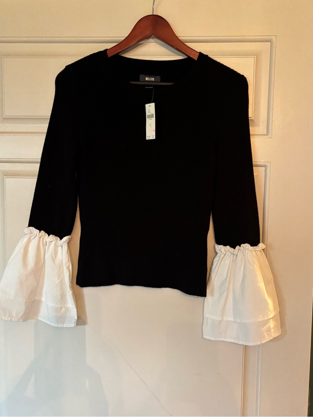 Maeve Black Ribbed Sweater with White Ruffle Cuffs M